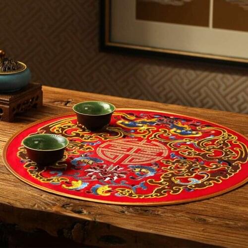 Luxury Fine Embroidery Large 40cm Round Placemats Dining Table Mat Non-Slip Chinese Home Party Coffee Disk Plate Pads
