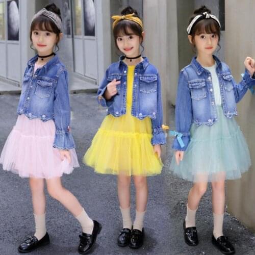 Teenager Kids Clothes Korean Version Princess Girls Spring / Autumn Fashion Denim Jacket With Trend Mesh Gauze Dress Two-piece