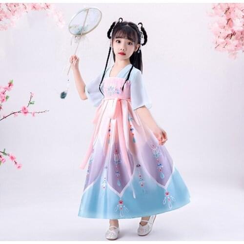 Chinese Style Retro Dress 2020 New Childrens Dance Clothing Girls Color Embroidery Mesh Long Dresses Little Girl Printing Dress