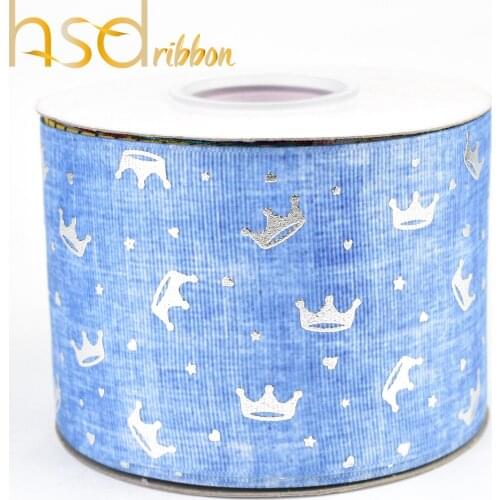 HSDRibbon Free shipping 75mm 3 inch Silver Crown foil on HT White Grosgrain Ribbon