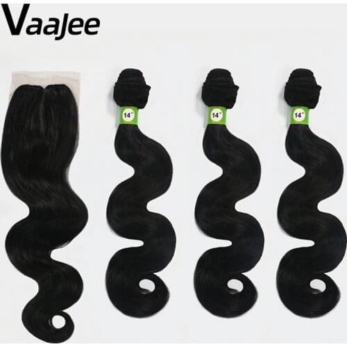 VaaJee Synthetic Hair Weave with Lace Closure Black 14"16" 4pcs/lot Afro Kinky Body Wave Hair Bundles Hair Extension