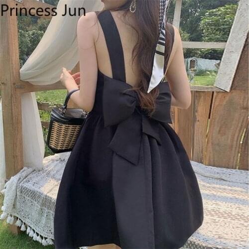 Summer Sexy Bowknot Back Little Black Dress Fashion Slash Neck Suspender Straps Dress Sleeveless Holiday Beach Mini Party Dress