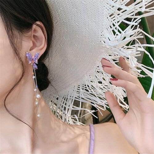 Fashion Korean Shiny Butterfly Rhinestone Drop Earrings For Women Elegant Pearl Tassel Pendientes Party Jewelry