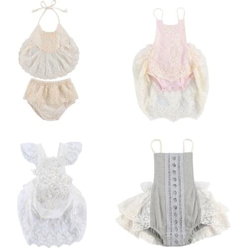 0-24M Newborn Toddler Baby Girl Fashion Lace Romper Off Shoulder Floral Patchwork Dress Jumpsuit 4Styels White Pink Gray Yellow