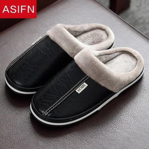 ASIFN Home Winter PU Leather Slippers Men Waterproof Indoor Non-slip Soft Bottom House Warm Indoor Big Size Male Fur Slippers