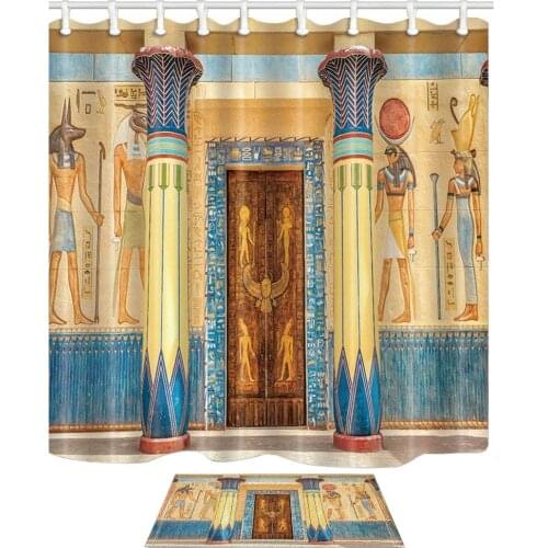 Nationlal Ancient Egyptian Ancient Temple Mildew Resistant Shower Curtain Suit With Flannel Non-Slip Floor Doormat Bath Rugs