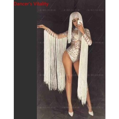 Nightclub Bar New White False Perspective Tassel Sexy Performance Costume DJ DS Pole Jazz Dance Group Women Stage Wear Garments
