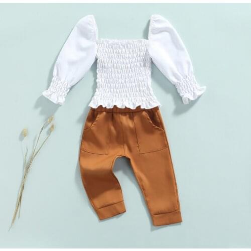 2021 New Fashion Fall Toddler Girls Clothing Set Cute Solid Color Long Sleeve Elastic Tops+Pants With Pocket Children Outfits