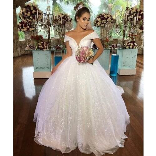 New Princess Wedding Dresses 2020 Off Shoulder Shiny Ball Gown Bridal Gown Lace Up Long Vestido de Noiva Robe De Mariee