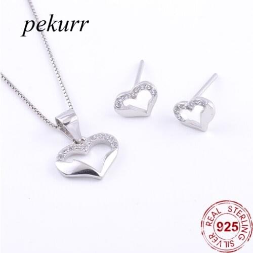 Pekurr 925 Sterling Silver Hollow Zircon Love Heart Earrings Necklace Sets For Women Wedding Heart Pendants Jewelry Sets