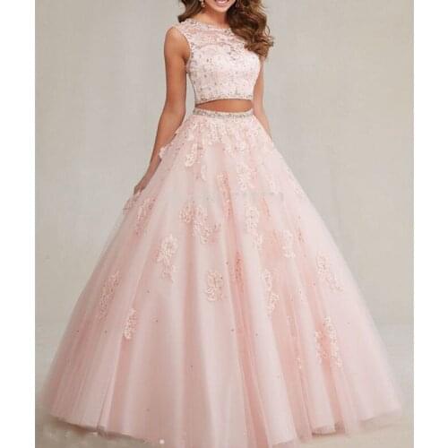 Sexy cheap pink two piece set lace long women formal evening dresses gowns party dresses prom dresses ball gowns 2019