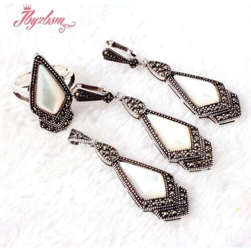 9x11mm White Shell Marcasite Tibetan Silver Fashion For Party Jewelry Pendant 15x46mm/Earrings 15x50mm/Ring #6-#8 Free Shipping