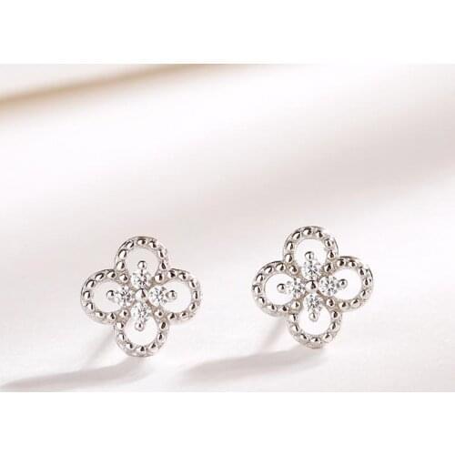 Korean Sterling Silver 925 Earring Zircon Diamond Stud Earrings for Women Hollow Design Female Earrings S925 Silver Jewelry Gift