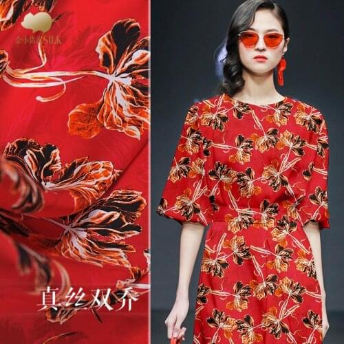 Red Leaves Silk Double Joe Natural Silk Fabric Mulberry Silk Digital Printing Cloth Clothing Women 's Dress