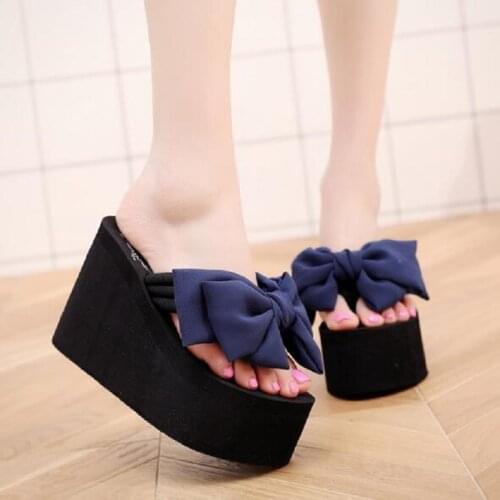 2019 Korean Style Summer 11 CM Super High Heels Platform Women Flip Flops Butterfly Bowknot Beach Shoes Antiskid Slippers