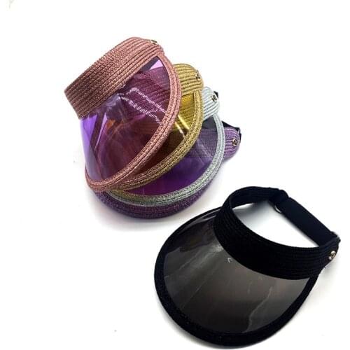 2020 Glitter Straw Cap Sun Visor Cap Hat Women Girls Sun Protect Beach Transparent Brim Metallic Silver Gold Lurex Straw Visor