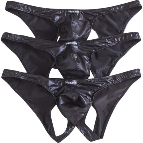 3PCS Mens Briefs Sexy Underwear PU Leather Underpants Bulge Pouch Bikini Male Homme Panties Backless Jockstrap Mens Lingerie