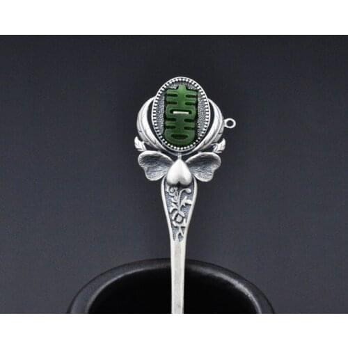 Vintage Hair Sticks S925 Silver Jasper Hairpins Antique Silver Hair Jewelry Chinese Lucy Word Hair Accessories For Women Jewelry