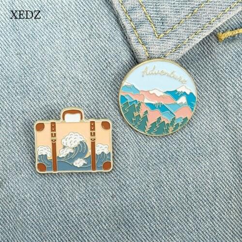 XEDZ Travel handbag enamel brooch mountains and ocean waves landscape painting badge fashion jewelry accessories friends gifts