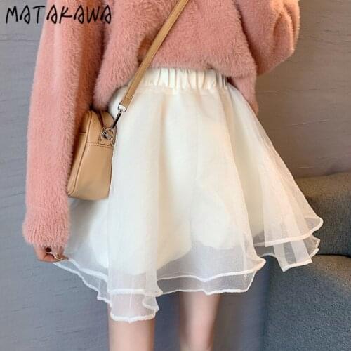 Matakawa Skirt Autumn High Waist Slim Ball Gown Skirts Korean Fashion Guaze All-match White Short Faldas Casual Elegant Jupes
