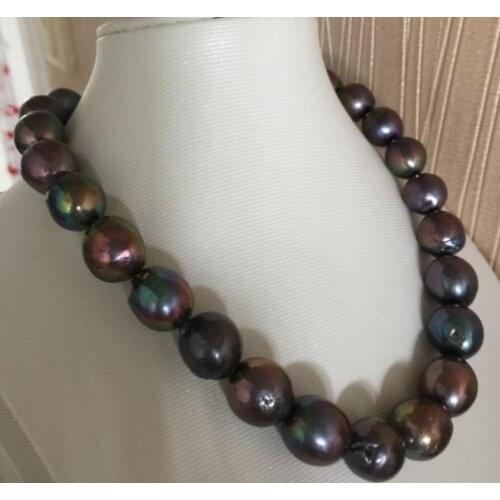 Fashion jewelry Free Shipping huge13-15mm baroque black green red pearl necklace 18inch 925s