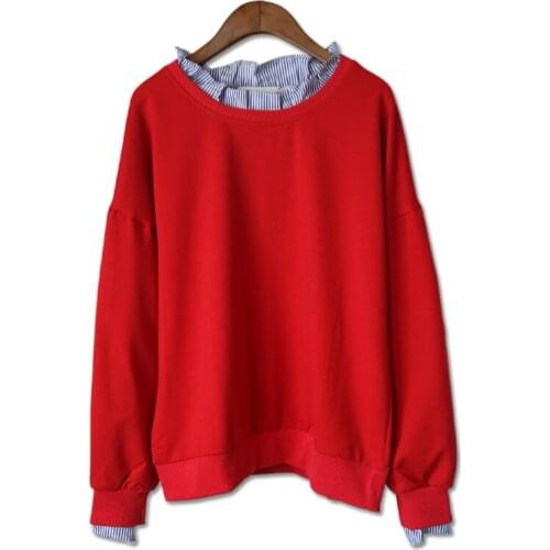 Sweatshirt 2017 Autunm Women Stripe Patchwork Vintage Casual Long Sleeve Fake Two Pieces pullovers Hoodies womens Tops