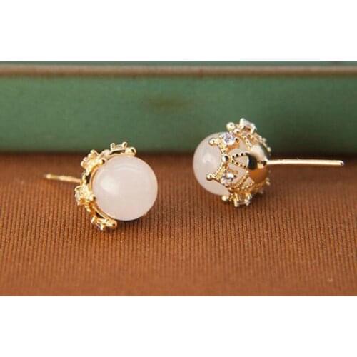 New silver inlaid with natural and Tian Baiyu earnails Chinese style retro small crowd design charm womens brand jewelry