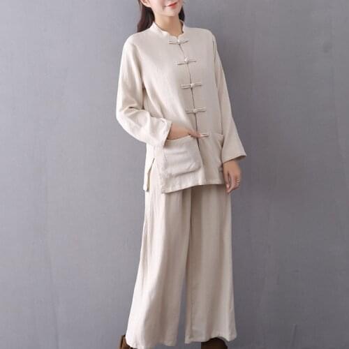 Chinese Style Tops Women 2021 Cotton Linen Traditional Vintage Tang Suit Tai Chi Uniform Long Sleeve Jacket Trousers Kungfu Suit