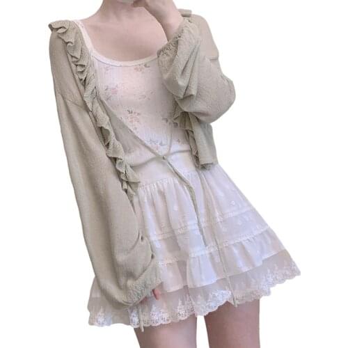 VintageTeen Girls Tie Front Cardigan Women Green Knitted Sweater Kimono Summer Cover Lace Up Crop Tops Autumn Thin Knitwear Coat