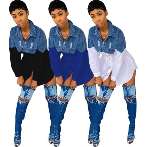 Women Denim Shirt Dresses Long Sleeve Distressed Jean Dress Button Down Casual Tunic Top maxi dresses for women