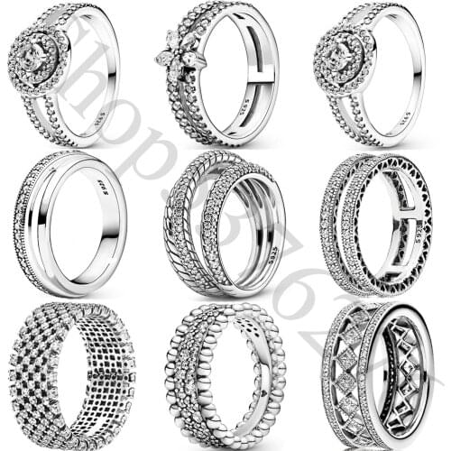 2021 925 Sterling Silver Double Halo Beaded Triple Band Pavé Snake Chain Pattern Fashion Ring For Pandora Women Gift DIY Jewelry