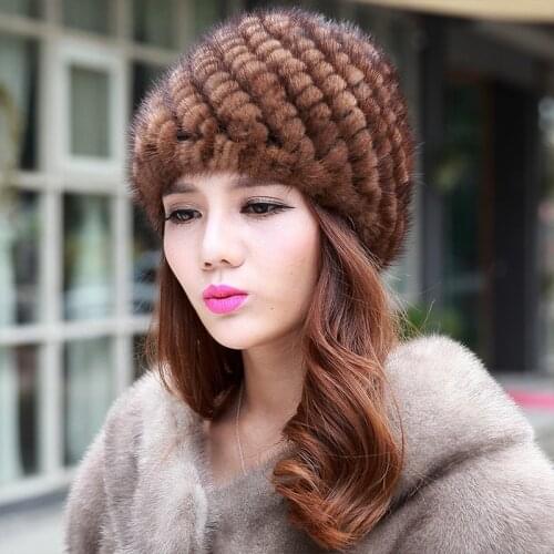 Winter Mink Fur Beanies Hat Women Thickened Warm Fashion Skullies Cap Elderly Mother Outdoor Ear Protection Knitted Hats H7087