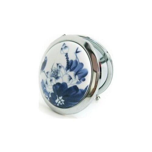 50pcs White and Blue Porcelain Pocket Mirror Compact Folded Portable Small Round Hand Mirror Makeup Vanity Metal