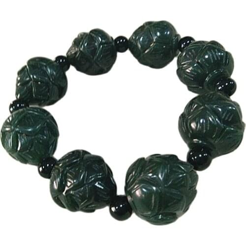 Chinese Hand Carved jade lotus flower Bead Natural Hetian jade Bracelet