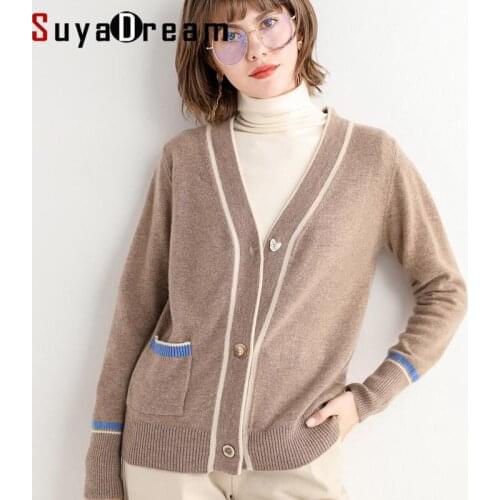 SuyaDream Woman Cardigan Single Breasted 100%Wool Casual Sweaters 2021 Autumn Winter Outwears Pink Blue