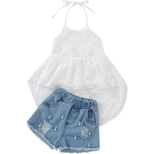 New 2Pcs Sweet Style Little Girls Outfit, Summer Hanging Neck Irregular Hem Lace Sleeveless Tops + Ripped Denim Shorts Set