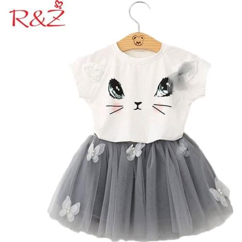 Girls Clothing Sets New Summer Fashion Style Cartoon Kitten Printed T-Shirts+Net Veil Dress 2Pcs Girls Clothes Sets k1