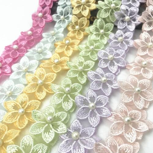 DIY 2Yards flowers pearl Lace Wedding dress clothing decoration Trim accesories