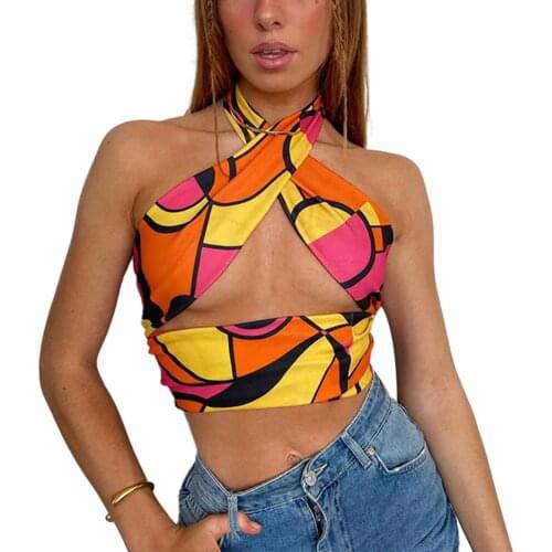 Summer Women Sexy Hollow Out Vest Off-the-shoulder Halter Neck Sleeveless Crop Tops Yellow Blue