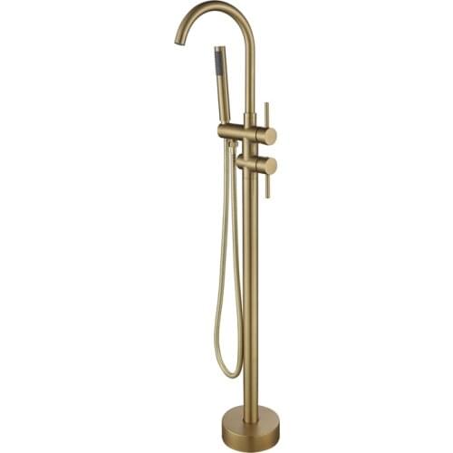 Brushed Gold Freestanding Bath Spout Shower Floor Mount Shower set Mixer Valve 2 Function Bathtub Filler Mixer Taps