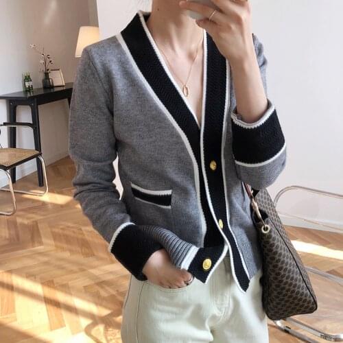 Obrix Female England Style Cardigan Office Lady V-Neck Casual Single Breasted Pockets Loose Fitting Outfit For Women