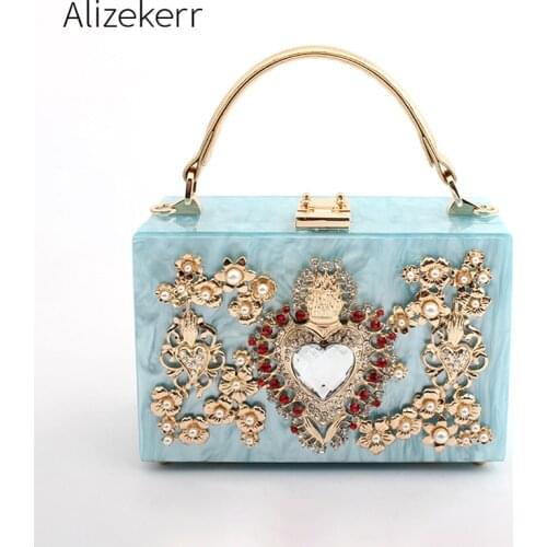 Luxury Acrylic Box Evening Clutch Bags Women Pearl Diamonds Heart-shaped Stone Pattern Purses Handbag Ladies Shoulder Bag Dinner