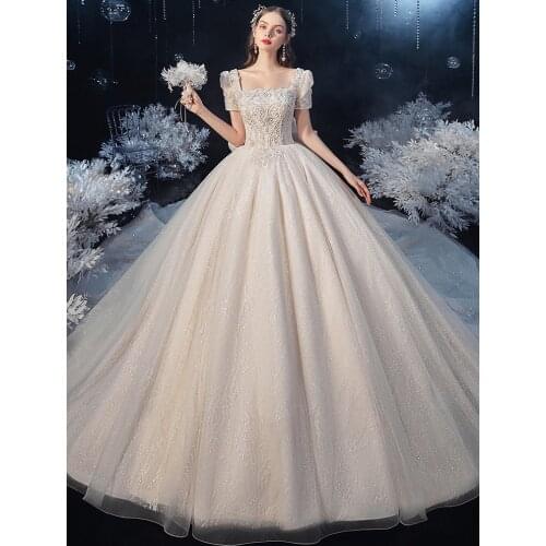 Luxury Saudi Arabia Wedding Dresses Square Collar Short Sleeve Bling Crystal Beading Cathedral Train High-End Series Bride Gowns