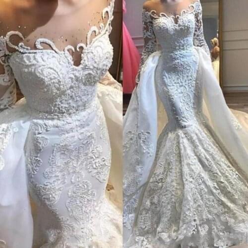 Luxury Vintage Lace Wedding Dresses 2020 robe de mariee Long Sleeve Mermaid Wedding Gowns Detachable Train Handmade Bride Dress