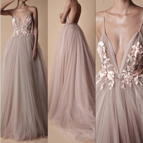 Sexy Tulle Long Evening Dress 2019 New Arrival Backless Court Train Flowers Blush A-Line Special Occasion Prom Gowns Custom Made