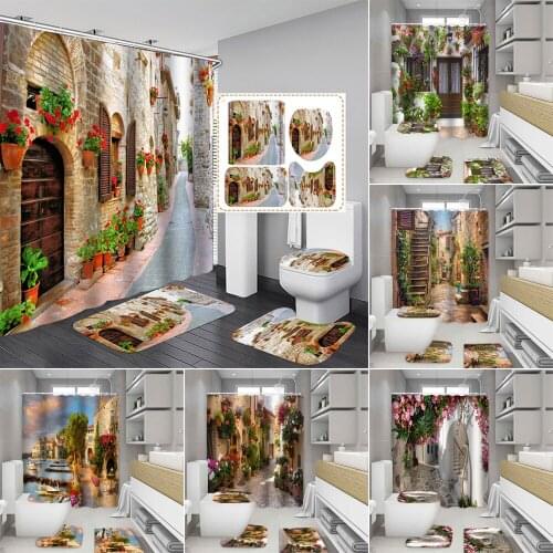 Colorful Flowers Fabric Shower Curtain 3D Romantic Street Alley Bathroom Curtains Anti-skid Rugs Toilet Lid Cover Bath Mat Set