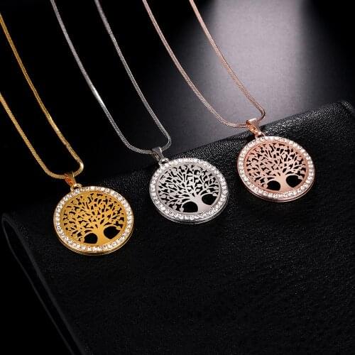 Gold Crystal Statement Necklace Women Hollow Out Tree of Life Pattern Round Necklaces Moda Mujer Jewelry Fashion Colgante Collar