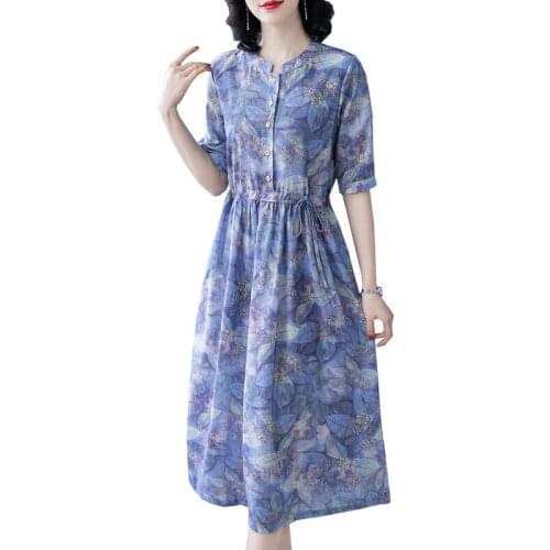 Blue printed dress summer new cotton linen Loose five-point sleeves slim temperament Mid-length large size Vestidos D350