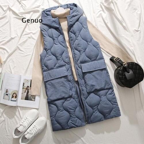 New Autumn Winter Women Waistcoat Hooded Mid-Long Thick Warm Sleevess Outwear Coat Down Cotton Padded Female Vest