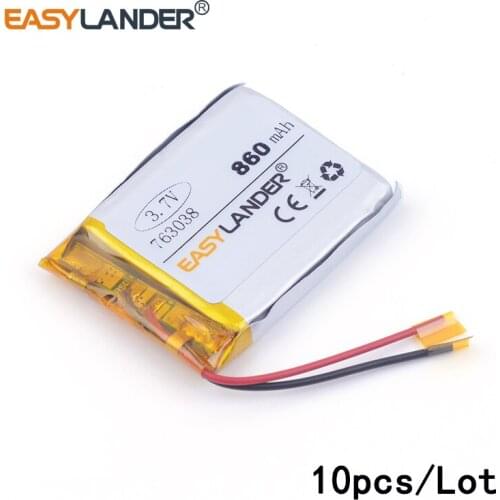 10pcs /Lot 763038 860mah 3.7v lithium Li ion polymer rechargeable battery vehicle traveling data recorder LED speakers toys